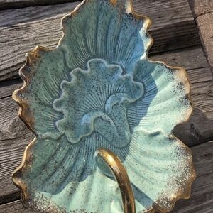Vtg Aqua Ceramic Leaf Dish Gold Trim Handle USA Pottery MCM